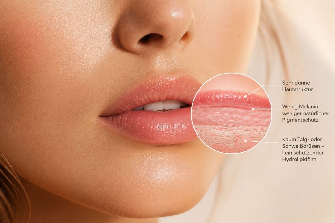 Nahaufnahme der Lippen mit Illustration des Aufbaus der Lippenhaut: dünne Hautstruktur, wenig Melanin und kaum Talg- oder Schweißdrüsen